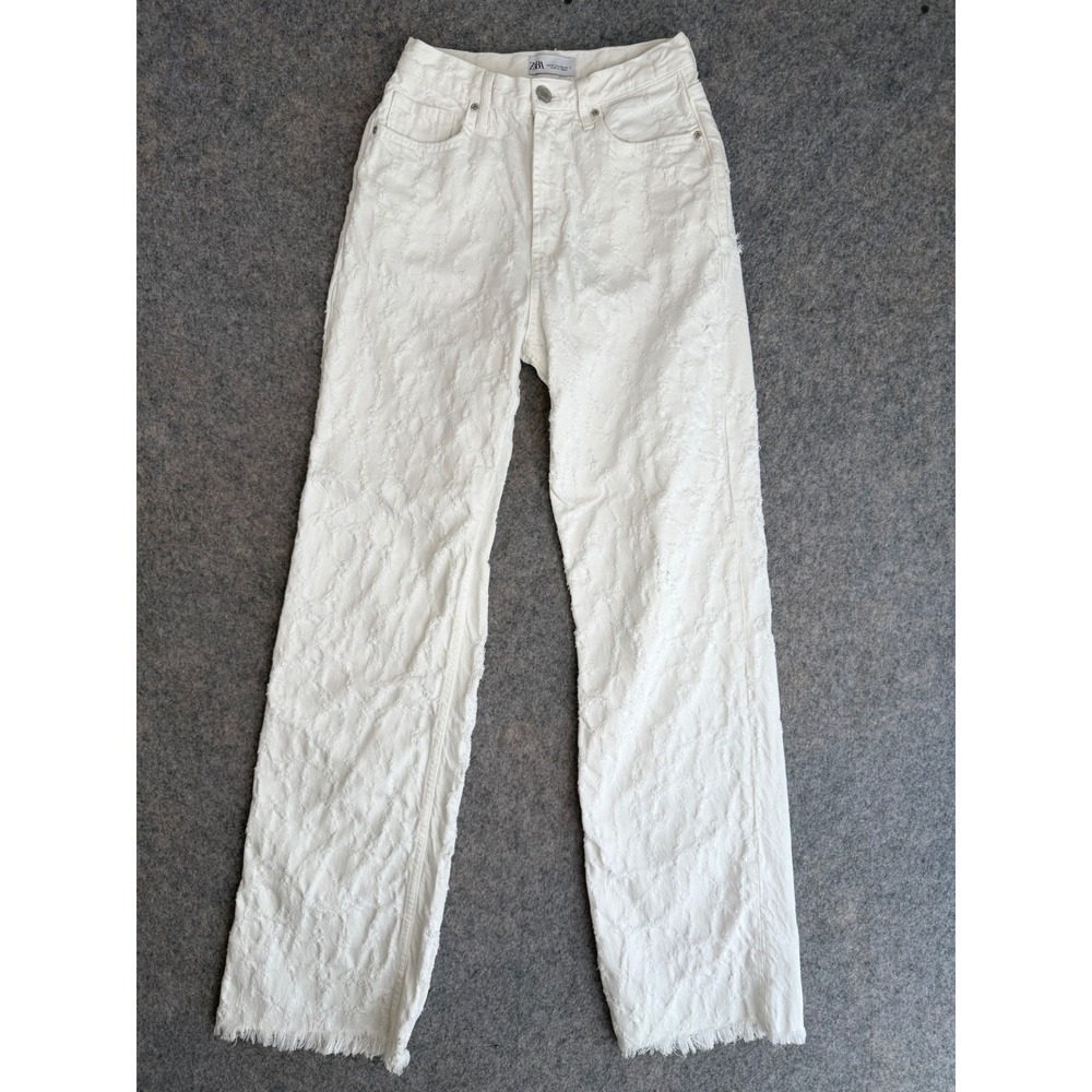 Zara Textured Distressed Straight Leg Jeans Womens 4 Oyster White High Rise Pant